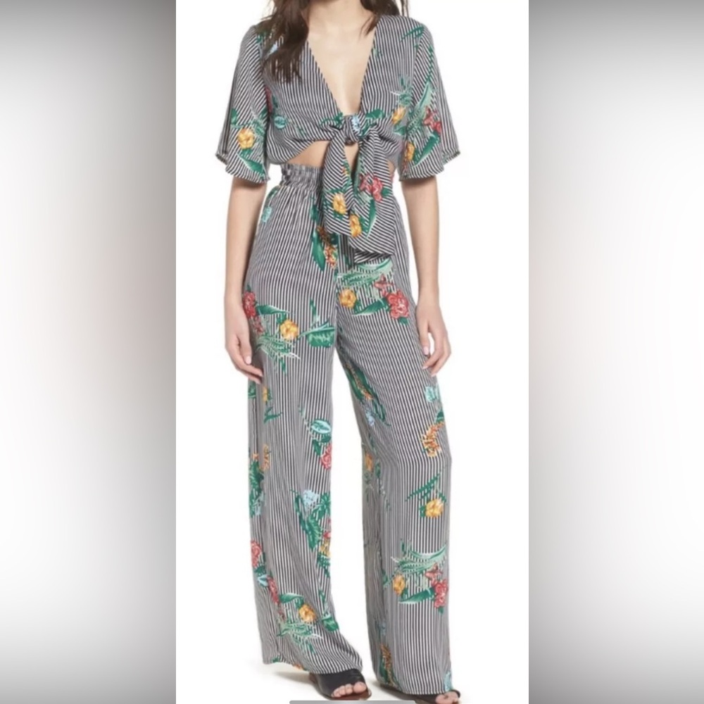 Socialite Tropical Floral Striped Wide Leg Jumpsuit Medium